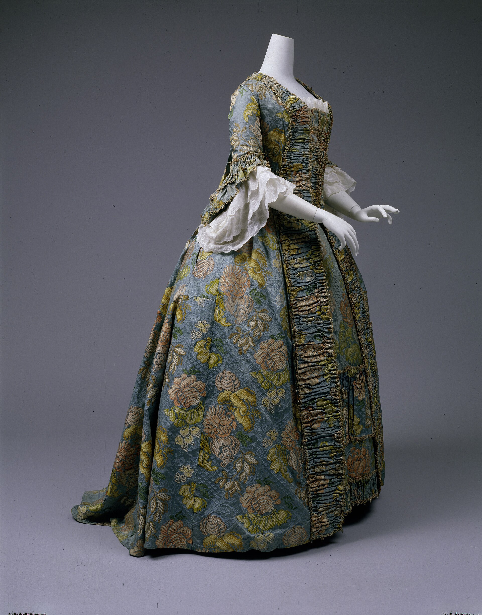 An eighteenth-century silk robe à la française with floral brocade